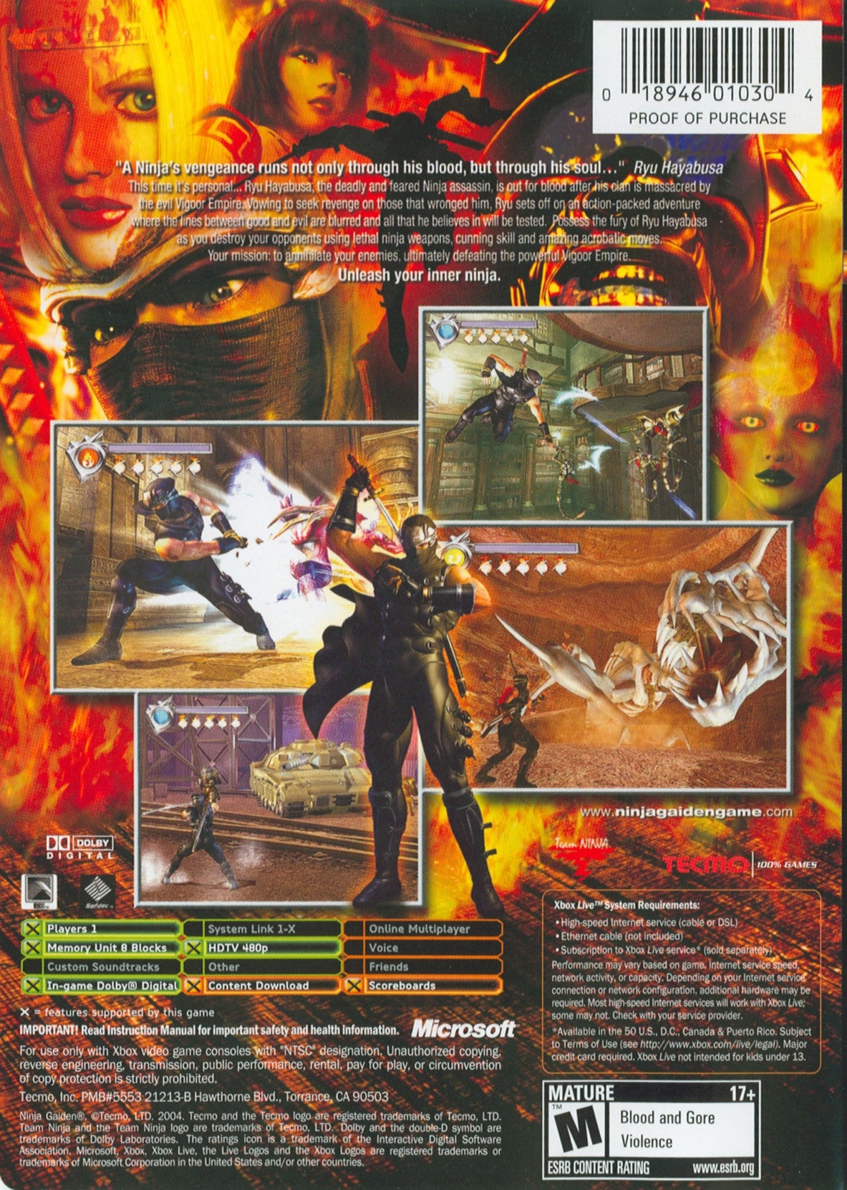 Ninja Gaiden retro Xbox video game Ninja Gaiden fast paced action hack and slash ninja combat challenging difficulty precision melee combat third person action adventure console title Xbox release back of case