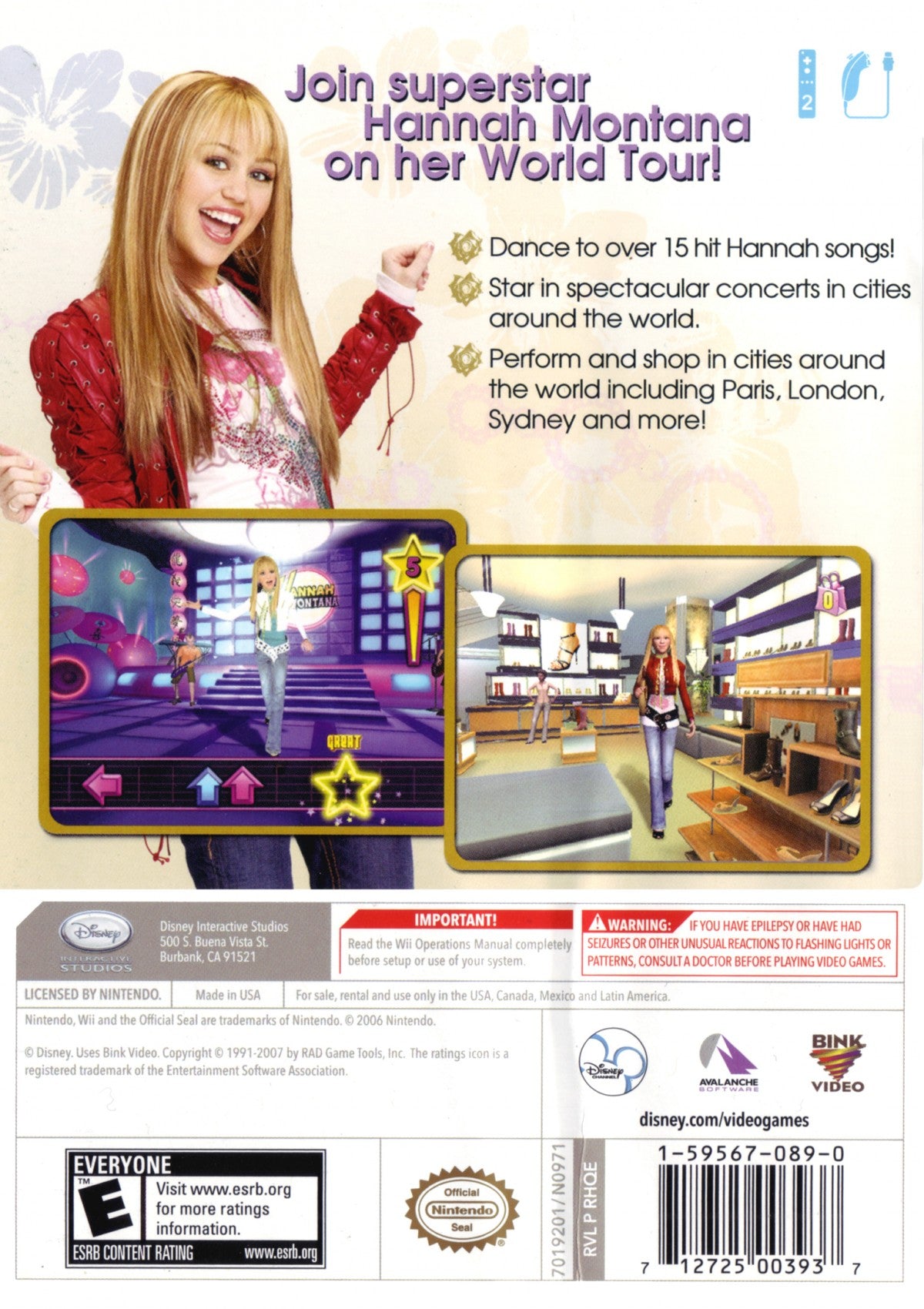 Hannah Montana Spotlight World Tour Wii inspired design featuring pop music performance adventure aesthetic concert stage excitement motion controlled gameplay singing and dancing routines colorful celebrity lifestyle family friendly entertainment nostalgic Nintendo Wii presentation gameplay back cover art