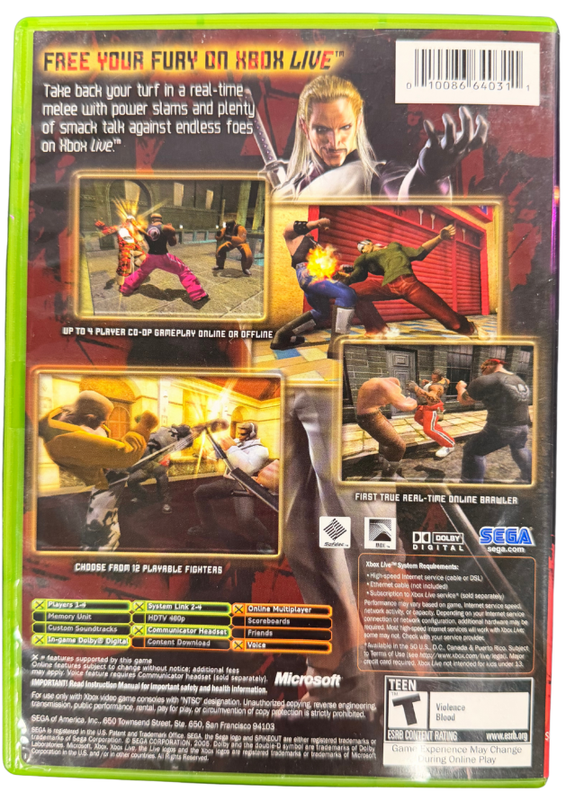 Spikeout Battle Street Xbox retro video game arcade fighting action featuring intense street battles martial arts combat multiple characters fast paced gameplay challenging enemies classic arcade style action Xbox gaming experience collectible game collection appeal back cover art
