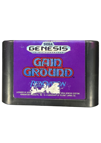 Gain Ground Sega Genesis GEN for arcade action strategy video game fans featuring tactical combat multiple playable warriors enemy battles challenging stages cooperative multiplayer strategic positioning and classic Sega arcade gameplay collectible retro Genesis gaming appeal front of cartridge
