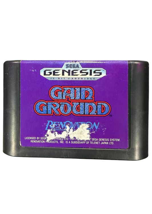 Gain Ground Sega Genesis GEN for arcade action strategy video game fans featuring tactical combat multiple playable warriors enemy battles challenging stages cooperative multiplayer strategic positioning and classic Sega arcade gameplay collectible retro Genesis gaming appeal front of cartridge