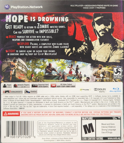 Dead Island Riptide Special Edition for PlayStation 3 (PS3) at Gamers INC, featuring an intense open-world survival horror experience with visceral melee combat, new playable characters, and defensive base-building as you fight to escape the zombie-infested islands of Palanai back cover