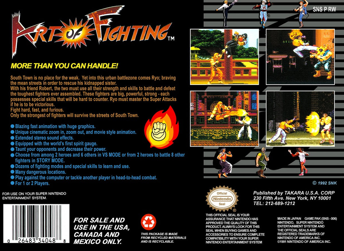 Art of Fighting Super Nintendo Entertainment System SNES video game featuring 2D fighting gameplay martial arts combat Ryo Sakazaki Robert Garcia special moves combo attacks competitive matches character battles and classic 16 bit Nintendo arcade gameplay retro video game collection collectible gaming appeal back cover art