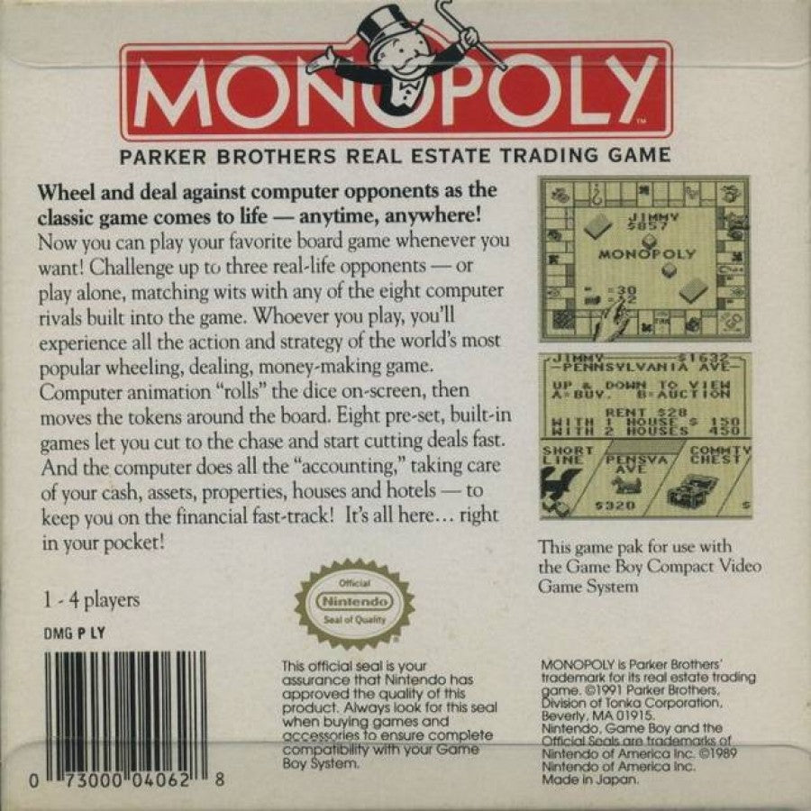 Monopoly board game video game adaptation for the classic Nintendo Game Boy handheld console back cover