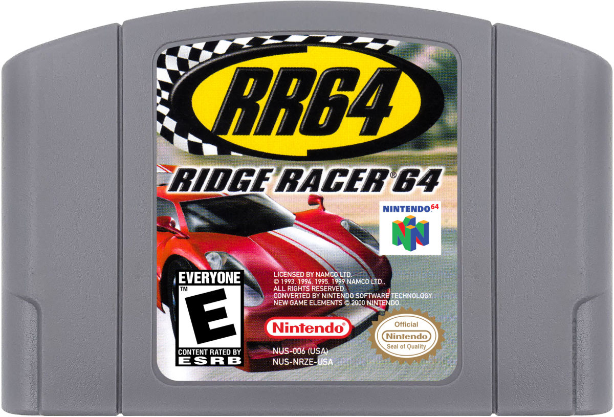 Ridge Racer 64 game cartridge cover art for Nintendo 64 video game.