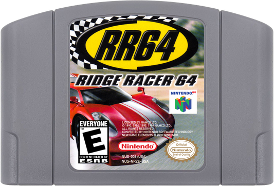 Ridge Racer 64 game cartridge cover art for Nintendo 64 video game.
