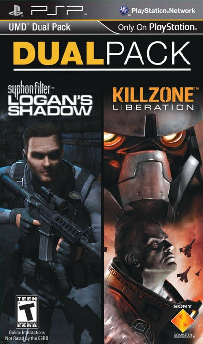 Syphon Filter Logans Shadow Killzone Liberation Dual Pack PSP Sony PlayStation Portable twin pack action shooter stealth espionage tactical combat third person shooter sci fi military FPS style handheld gaming Bend Studio Guerrilla Games PSP software video game title front cover 