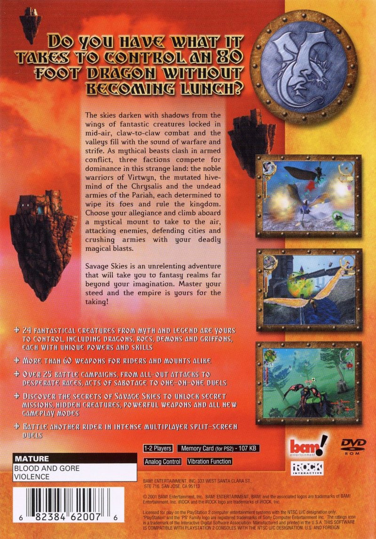 Savage Skies PS2 Sony PlayStation 2 fantasy aerial combat game dragon riding flying beasts air battles medieval fantasy setting multiplayer combat arcade flight gameplay retro gaming PlayStation 2 software video game title back cover art