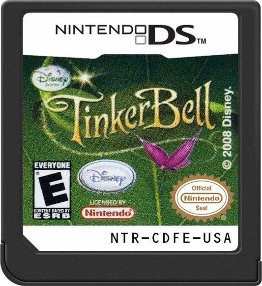 Disney Fairies Tinker Bell Nintendo DS cartridge for retro video game featuring magical fairy adventures, Tinker Bell and Pixie Hollow characters, creative activities, exploration gameplay, enchanting fantasy environments, and family friendly handheld entertainment on Nintendo DS