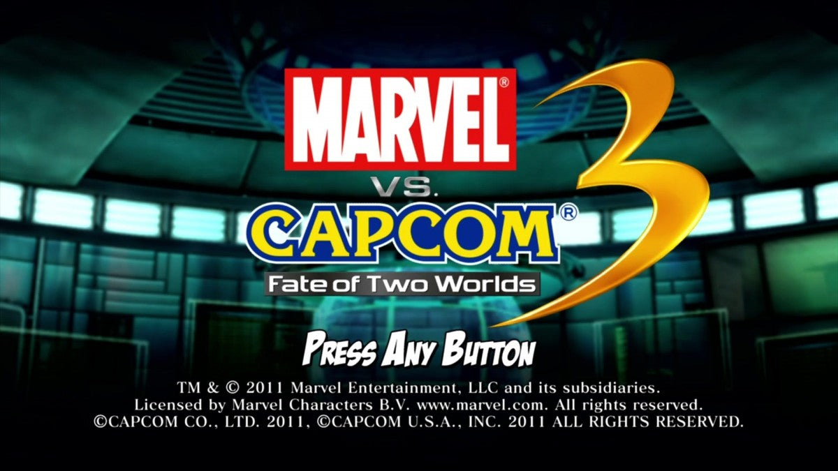 Marvel vs. Capcom 3: Fate of Two Worlds start screen for Xbox 360 (X360) crossover fighting video game