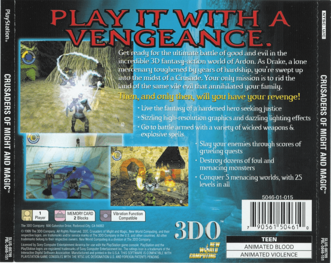 Crusaders of Might and Magic back of case for PlayStation 1 (PS1) retro video game