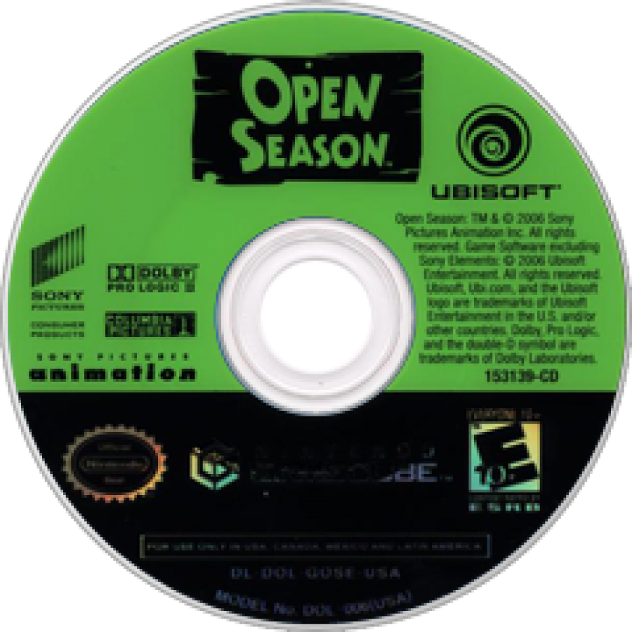 Open Season disc art for GameCube game featuring family-friendly action adventure gameplay based on the animated movie