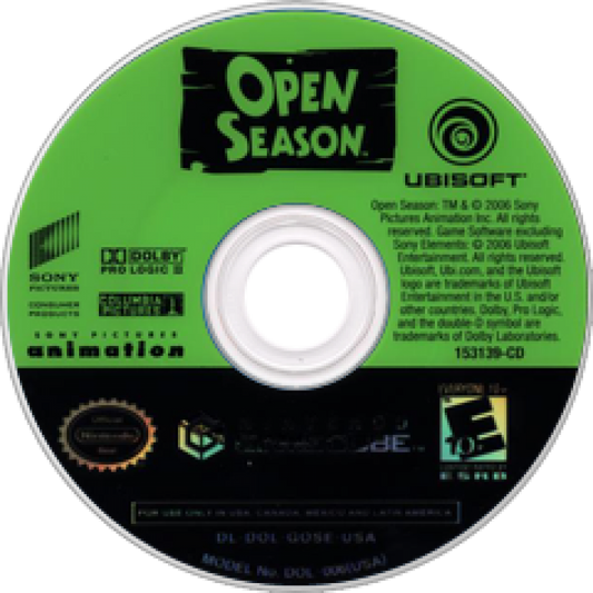 Open Season disc art for GameCube game featuring family-friendly action adventure gameplay based on the animated movie