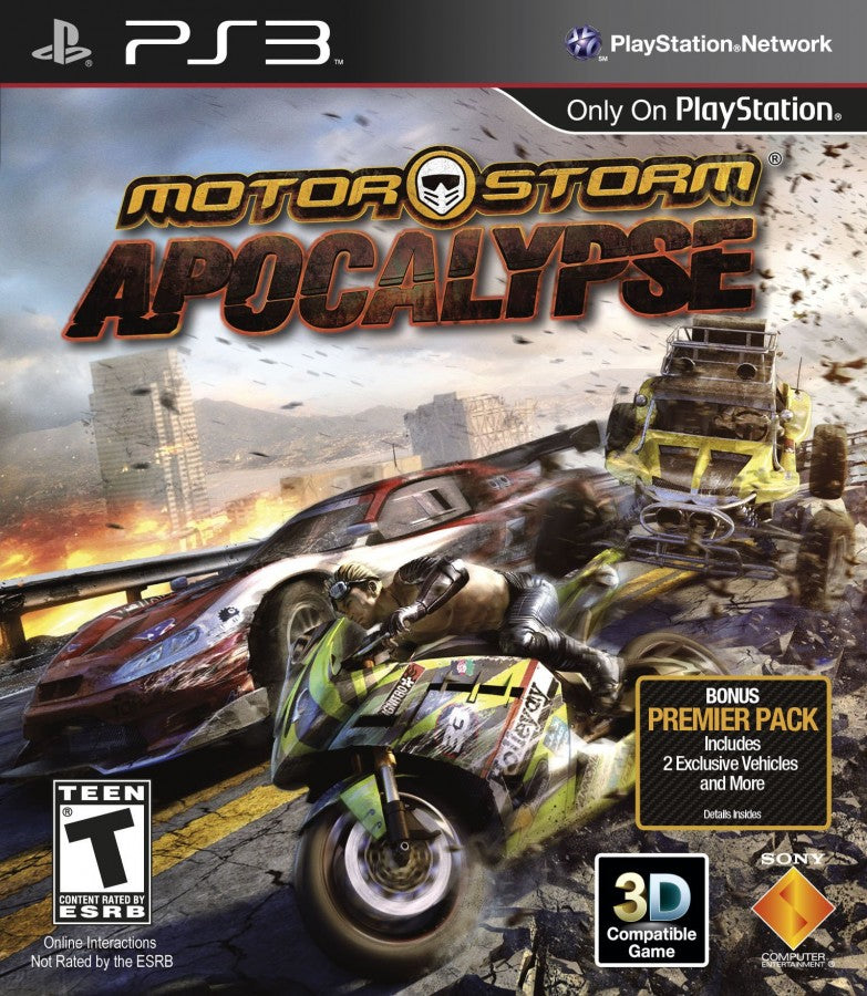 MotorStorm Apocalypse PlayStation 3 PS3 off-road racing video game featuring high-speed motorcycle and vehicle racing extreme tracks dangerous environments massive crashes destruction shortcuts powerful vehicles intense competition and classic PlayStation 3 PS3 gameplay collectible gaming appeal front cover art