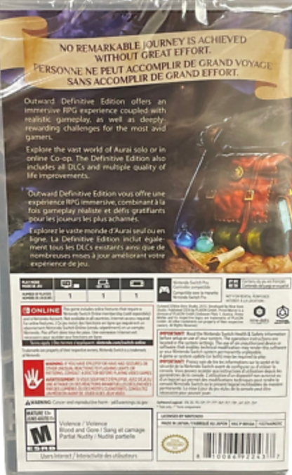 Outward Definitive Edition Nintendo Switch inspired design featuring open world fantasy role playing adventure aesthetic survival mechanics cooperative exploration dangerous wilderness travel magic and melee combat immersive quests deep character progression presentation back cover