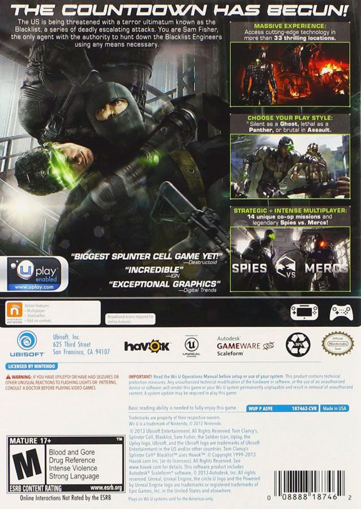 Tom Clancy's Splinter Cell Blacklist Wii U game featuring stealth action gameplay and tactical espionage missions back cover