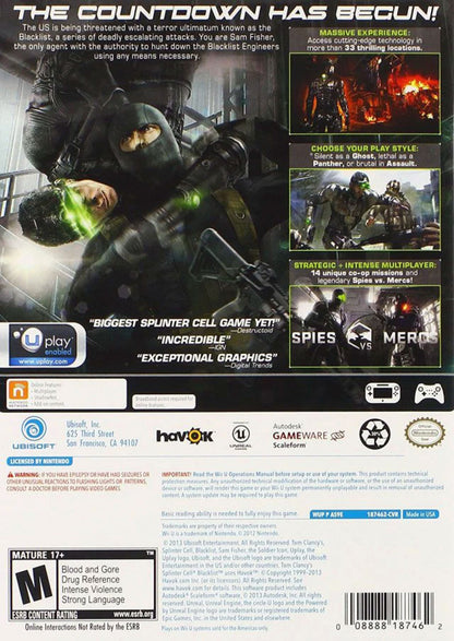Tom Clancy's Splinter Cell Blacklist Wii U game featuring stealth action gameplay and tactical espionage missions back cover