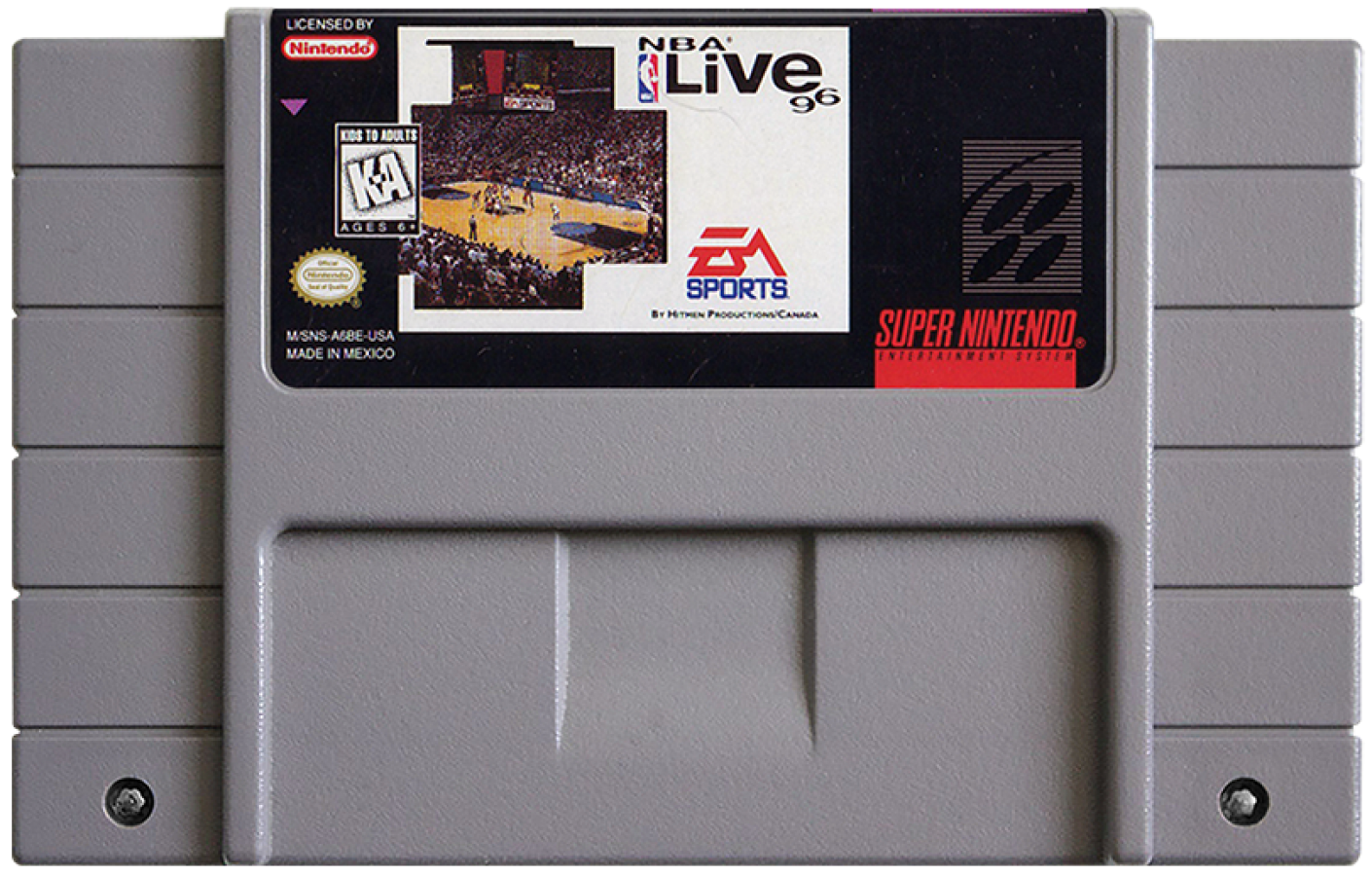 NBA Live 96 Super Nintendo Entertainment System SNES basketball simulation video game EA Sports full season mode box scores player rosters 90s sports video game cartridge