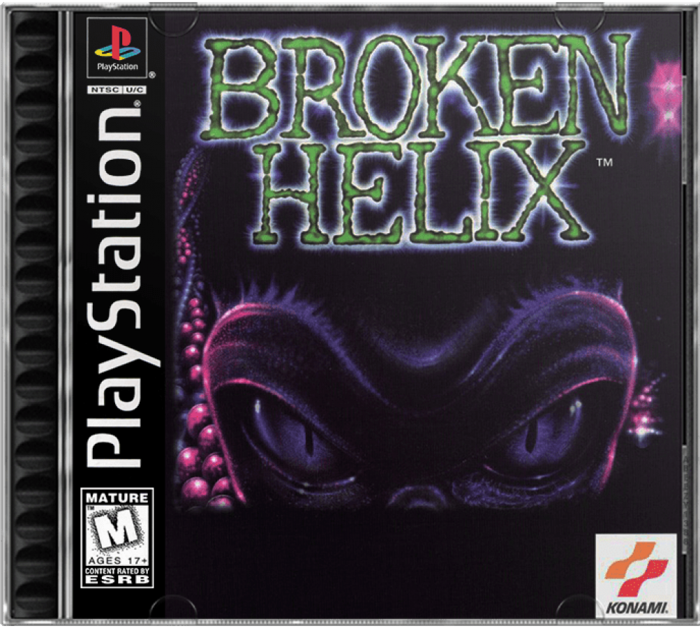 Broken Helix PlayStation 1 third-person action sci-fi horror video game Konami maximum security prison setting mutants creatures Bruce convict protagonist weapon combat exploration mutant DNA powers cover art