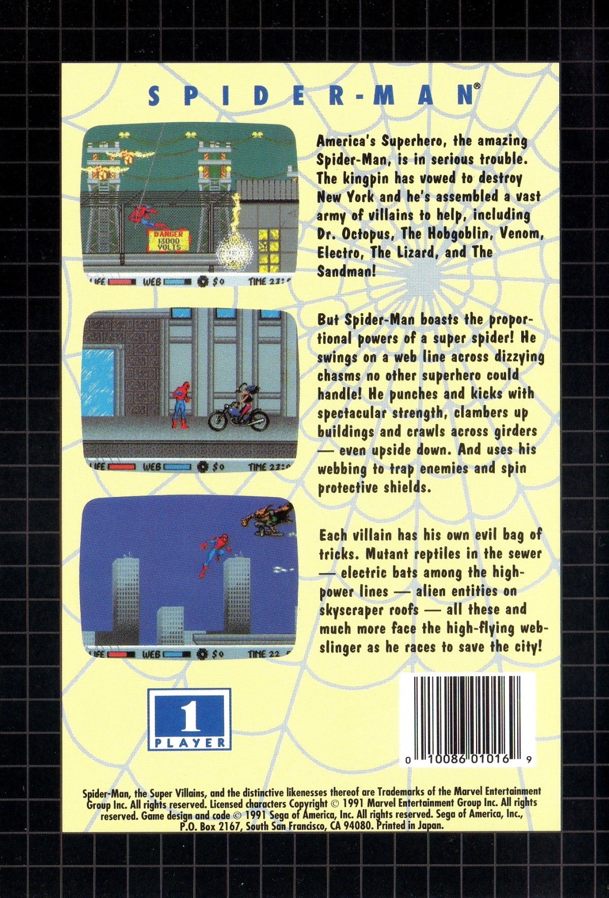 Spider-Man Sega Genesis retro video game action platformer back of case
