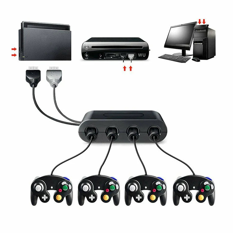 XYAB brand GameCube controller adapter compatible with PC, Wii U, and Nintendo Switch for connecting GameCube controllers to modern systems