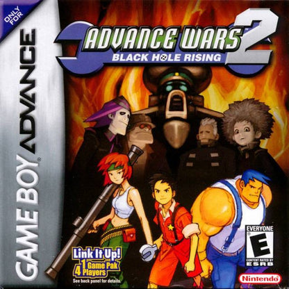 Advance Wars 2 Black Hole Rising cartridge for the Game Boy Advance featuring turn based strategy gameplay with grid based combat commanding armies multiple factions and challenging campaign missions against the Black Hole army cover art