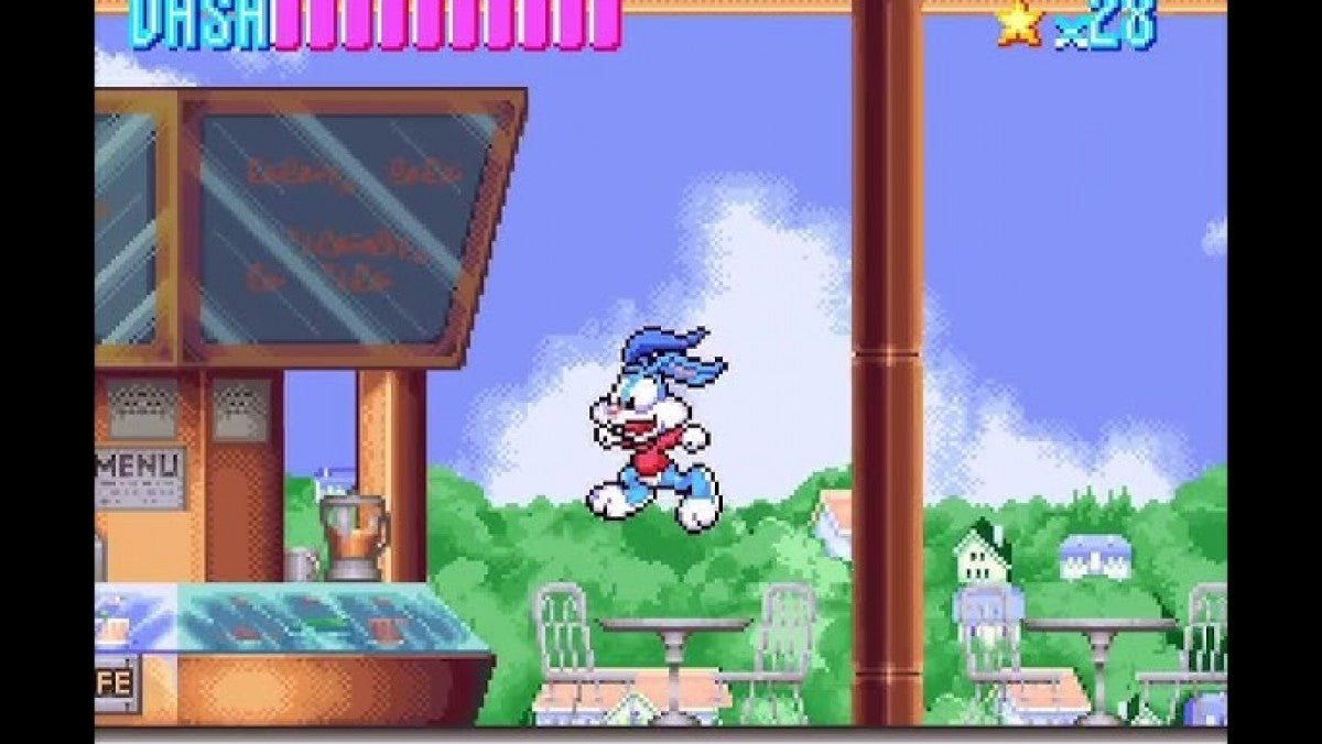 Buster Busts Loose game for the Super Nintendo Entertainment System featuring side scrolling platformer gameplay with cartoon style visuals fast paced levels special abilities and stages based on Tiny Toon Adventures starring Buster Bunny gameplay