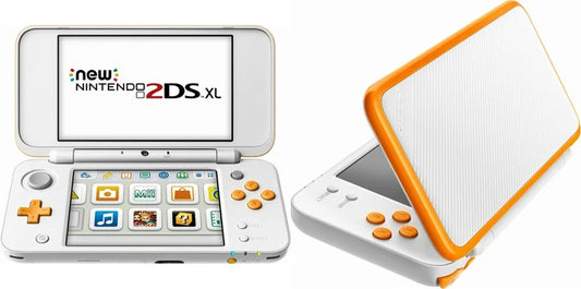 Orange and White New Nintendo 2DS XL handheld gaming system featuring large dual screens touch screen controls built in NFC amiibo support portable foldable design ergonomic controls compatibility with Nintendo 3DS and Nintendo DS games collectible gaming appeal