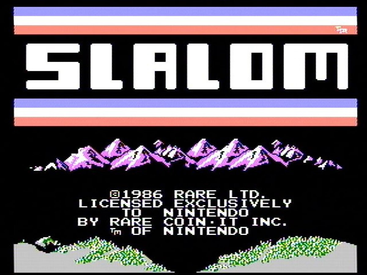 Slalom Nintendo Entertainment System NES for retro video game enthusiasts featuring alpine skiing gameplay downhill racing challenges slalom course navigation fast paced winter sports action responsive controls classic arcade style competition and collectible gaming appeal gameplay 