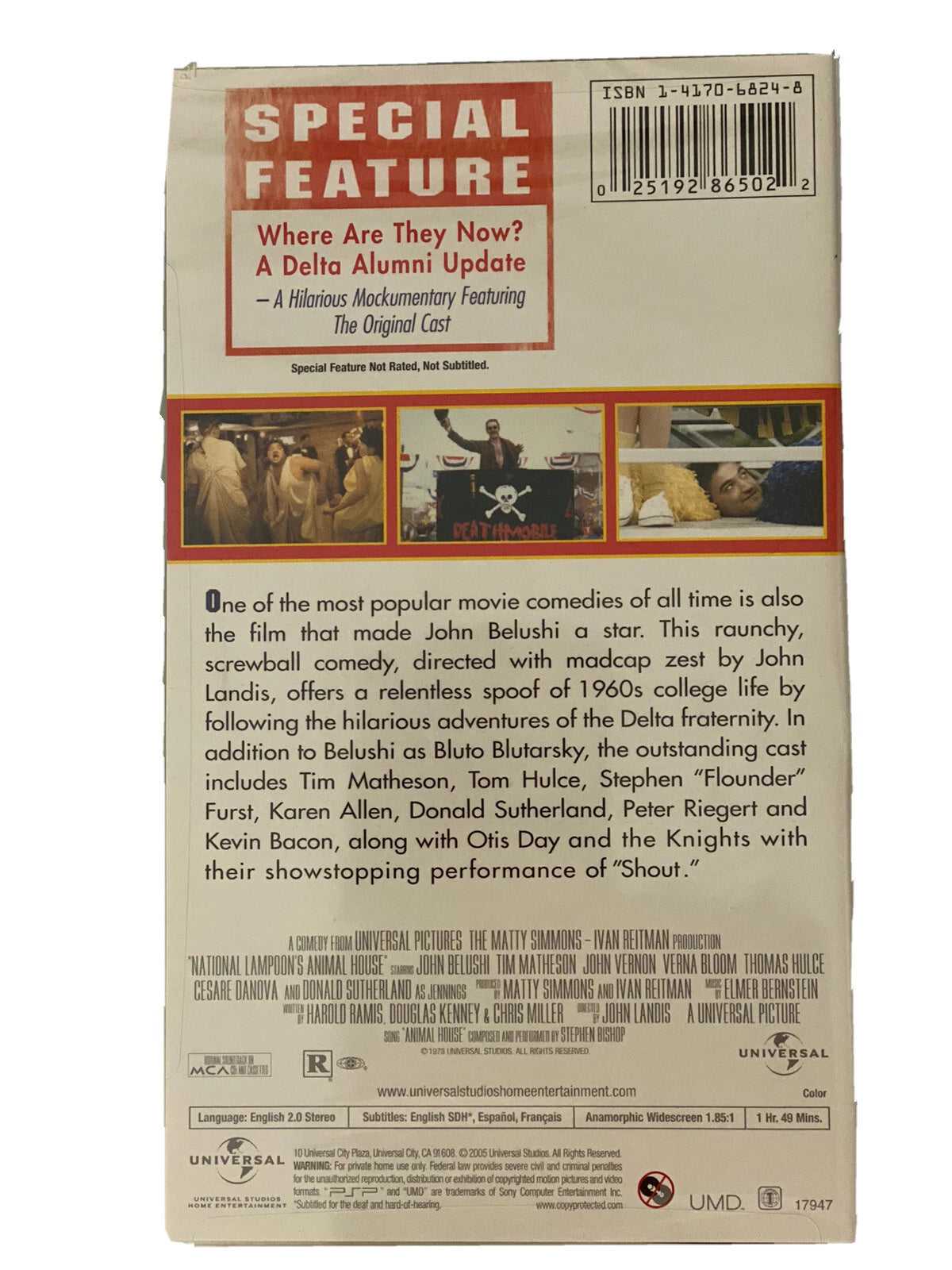 National Lampoons Animal House PSP movie comedy film digital video adaptation college fraternity chaos classic comedy movie handheld video playback PSP video entertainment software title back cover