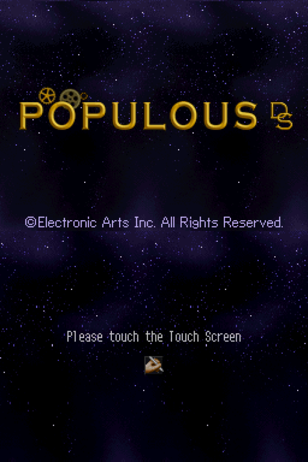 Populous DS home screen for Nintendo DS (DS) god simulation strategy video game