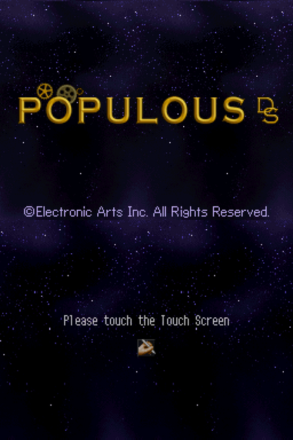 Populous DS home screen for Nintendo DS (DS) god simulation strategy video game