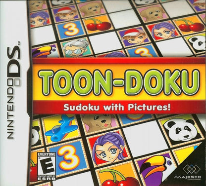 Toon-doku Nintendo DS video game, cartoon-style Sudoku puzzle gameplay, logic and number challenges, handheld console title front cover