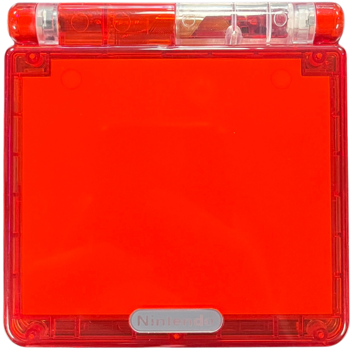 Retro GBA SP custom shell IPS mod inspired design featuring upgraded Nintendo handheld gaming console aesthetic vibrant custom housing backlit IPS display rechargeable clamshell portable system nostalgic retro gaming hardware presentation top