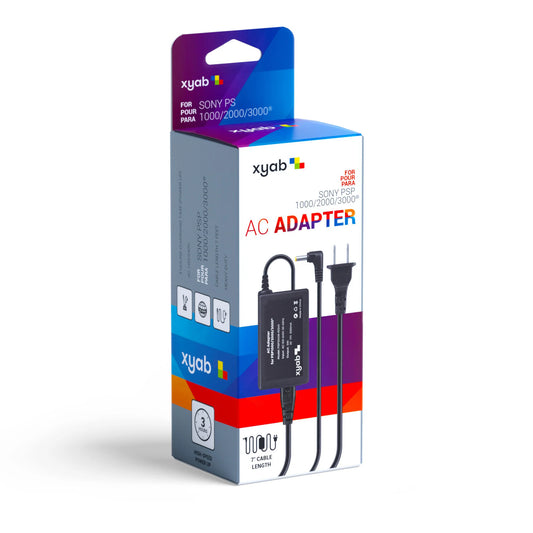 XYAB brand AC adapter and charger compatible with all PlayStation Portable (PSP) models for powering and charging handheld consoles
