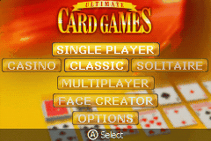Ultimate Card Games for Game Boy Advance, title screen for a card game collection video game with classic card games, multiplayer gameplay, strategy challenges, and casual tabletop-style fun