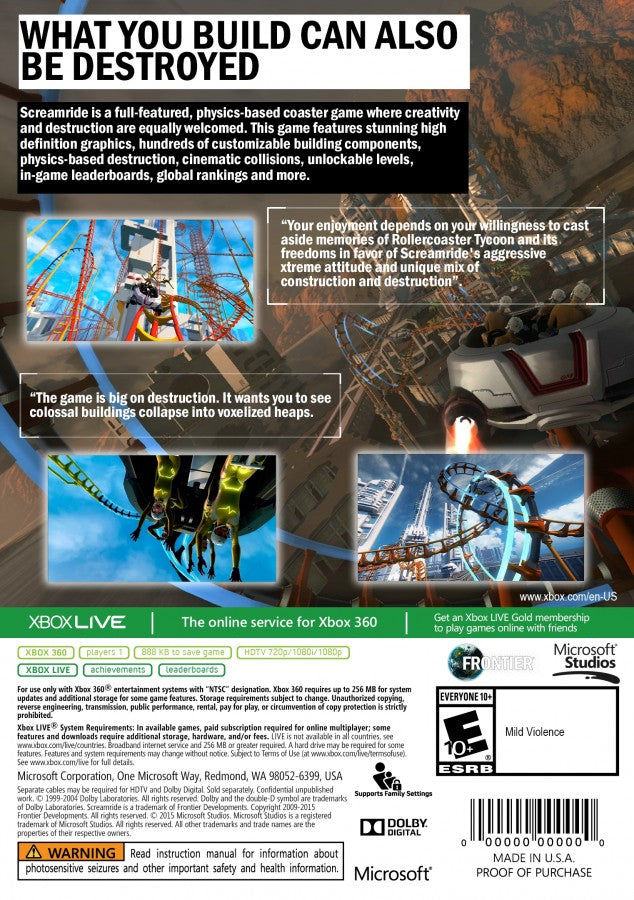 ScreamRide back of case for Xbox 360 (X360) construction and demolition roller coaster simulation video game