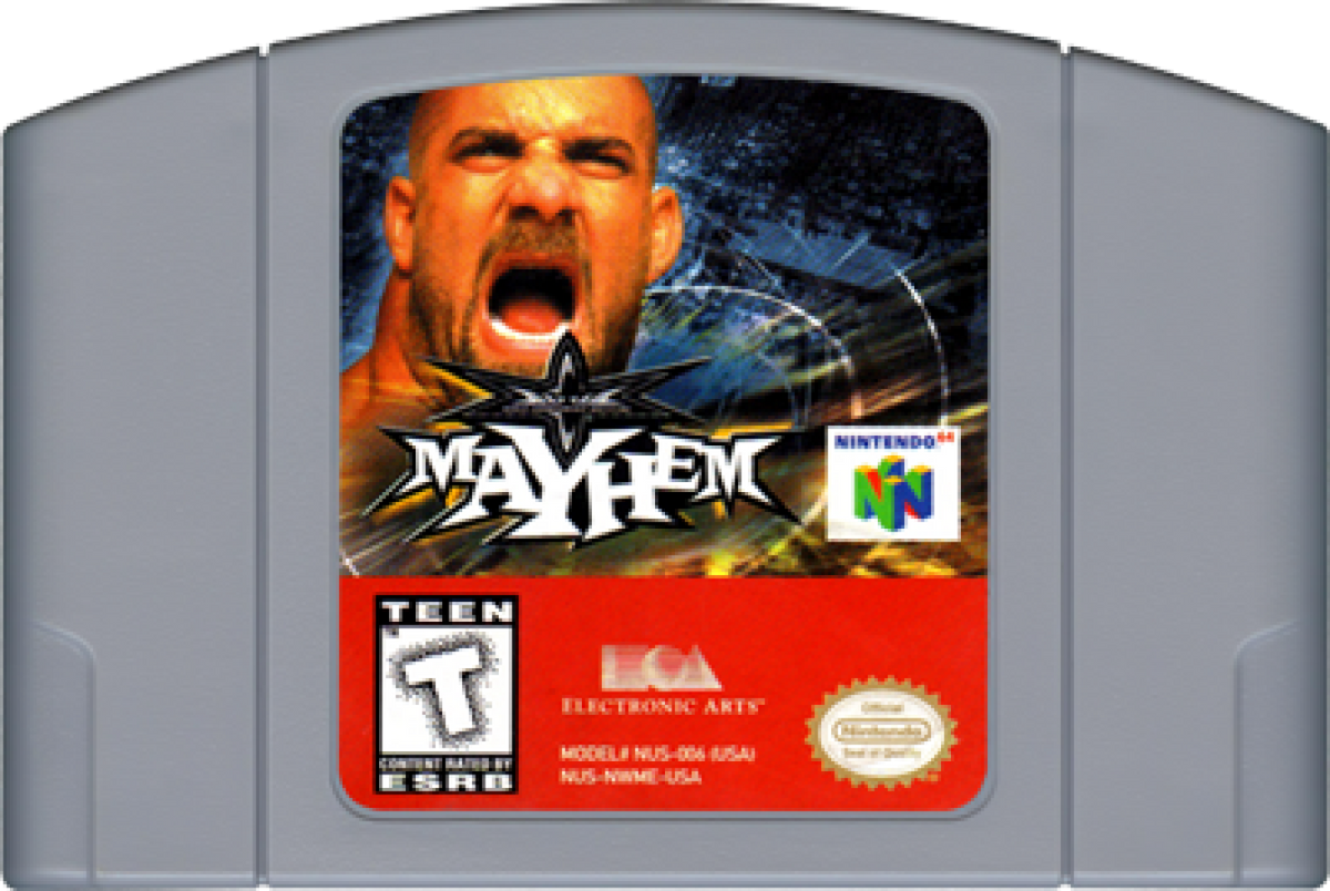 WCW Mayhem Nintendo 64 N64 video game featuring professional wrestling gameplay WCW superstars championship matches signature wrestling moves grappling attacks finishing moves ring combat backstage areas pay per view events and classic 64 bit Nintendo wrestling action retro video game collection collectible gaming appeal game cartridge