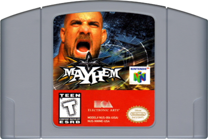 WCW Mayhem Nintendo 64 N64 video game featuring professional wrestling gameplay WCW superstars championship matches signature wrestling moves grappling attacks finishing moves ring combat backstage areas pay per view events and classic 64 bit Nintendo wrestling action retro video game collection collectible gaming appeal game cartridge