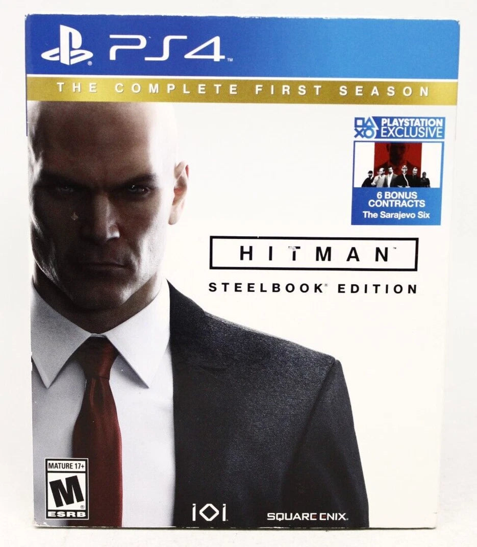 Hitman The Complete First Season Steelbook Edition PS4 game featuring episodic stealth assassination gameplay, open ended mission design, and collectible steelbook packaging cover art 