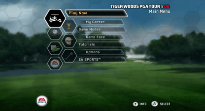 Tiger Woods PGA Tour 08 game select menu for Nintendo Wii (Wii) featuring motion‑controlled golf, authentic courses, and competitive play with PGA pros.