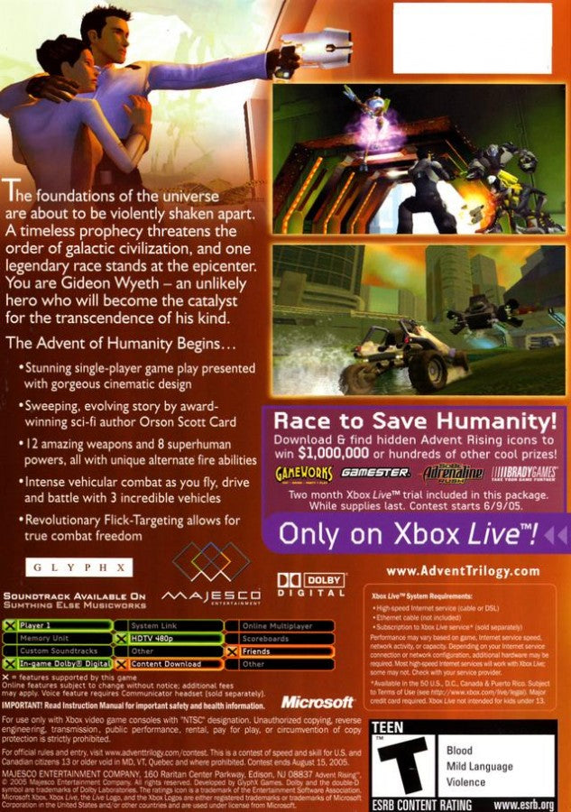 Advent Rising back cover art for Xbox (XBOX) video game