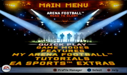 Arena Football: Road to Glory PlayStation 2 video game featuring official Arena Football League (AFL) indoor gridiron sports action gameplay, full 2007 AFL teams including the af2 developmental league, high-scoring fast-paced football matches, season and multiplayer modes, and EA Sports branding — classic PS2 football simulation title released February 2007. gameplay
