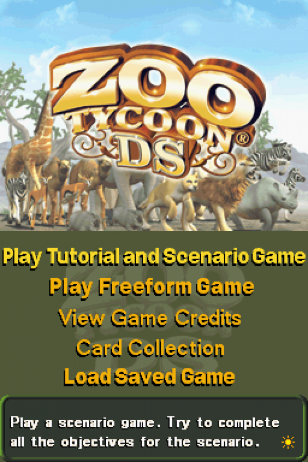 Zoo Tycoon start screen for Nintendo DS (DS) zoo management simulation video game