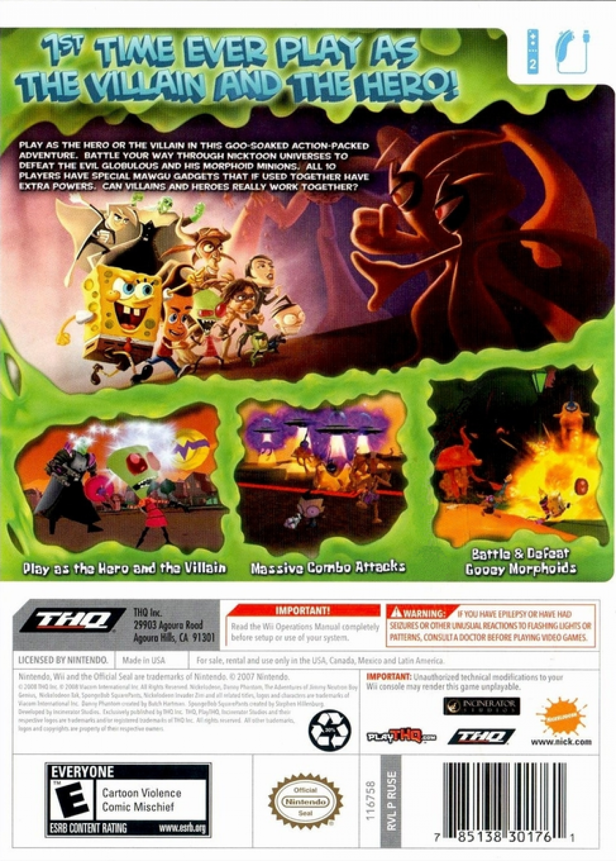 SpongeBob SquarePants Globs of Doom Nintendo Wii for action adventure video game fans featuring SpongeBob and Nickelodeon characters superhero transformations platforming combat colorful environments puzzle solving boss battles motion controls and family friendly gameplay collectible gaming appeal back cover art