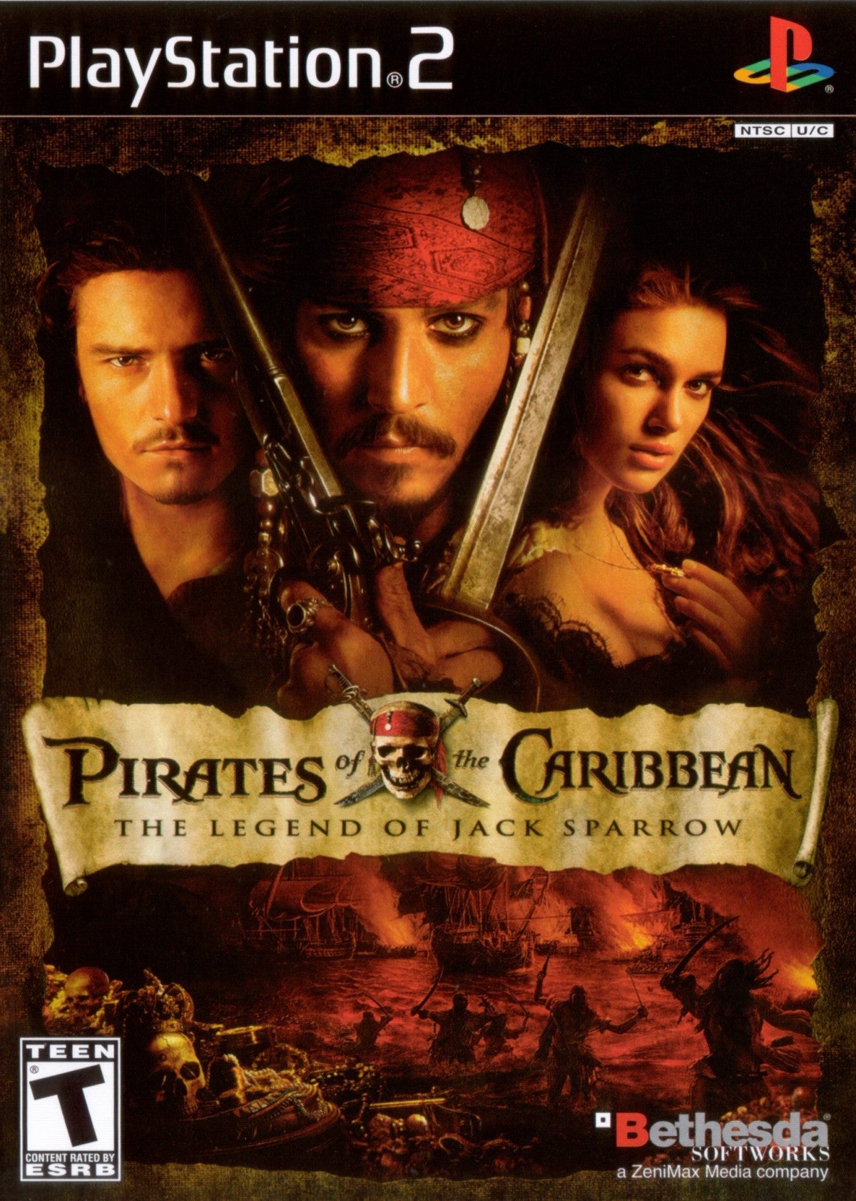 Pirates of the Caribbean for PlayStation 2 action role playing adventure video game featuring swashbuckling combat naval exploration quest driven gameplay and immersive pirate themed storytelling experience front cover