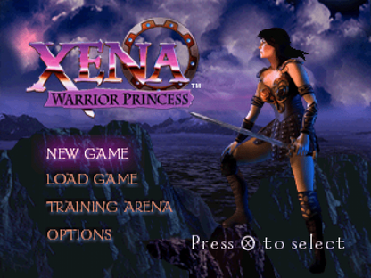 Xena: Warrior Princess start screen for PlayStation 1 (PS1) action-adventure video game