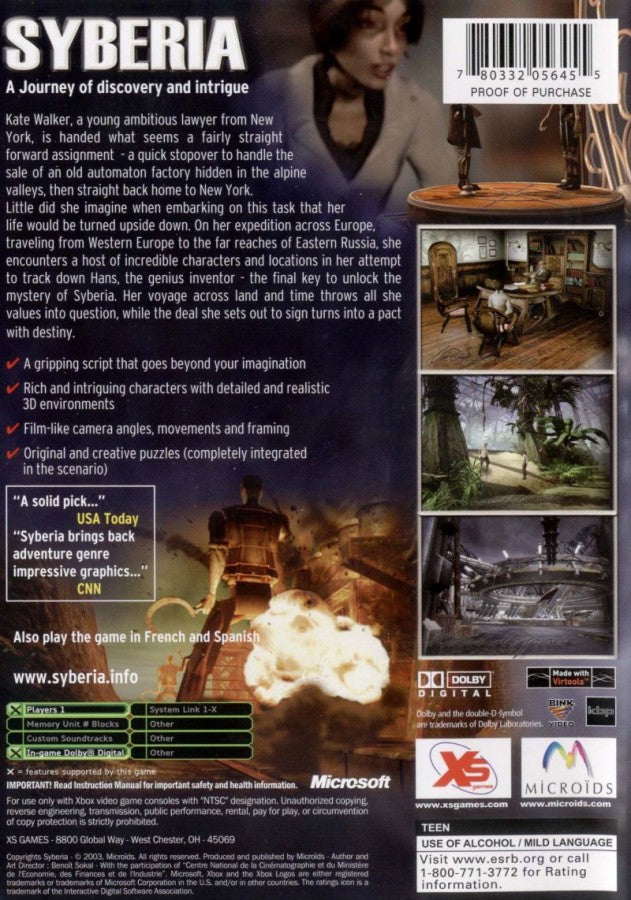Syberia Xbox XBOX video game featuring point and click adventure gameplay Kate Walker character exploration puzzle solving mystery investigation interactive environments story driven adventure mechanical inventions and classic Xbox gameplay retro video game collection collectible gaming appeal back cover art