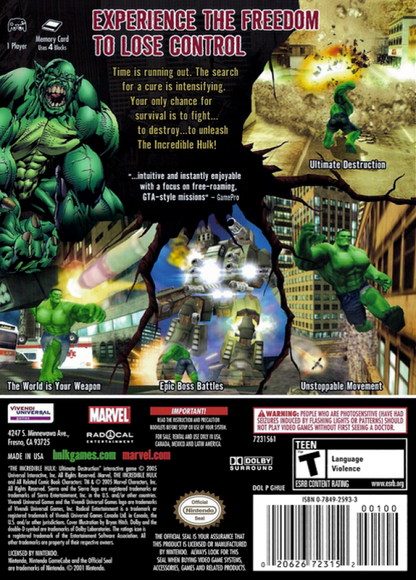 The Incredible Hulk Ultimate Destruction featuring open world superhero action and massive environmental destruction back cover