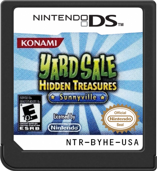 Yard Sale Hidden Treasures Sunnyville game for the Nintendo DS featuring hidden object gameplay where players explore yard sale scenes in the town of Sunnyville searching for items completing puzzles and using found objects to decorate and upgrade a home in a light story driven progression system
 cartridge